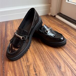 Black Patent Leather Loafers with Silver Buckle